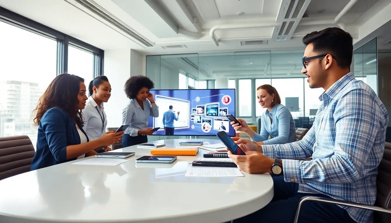 marketing team discussing augmented reality campaigns in a modern office.