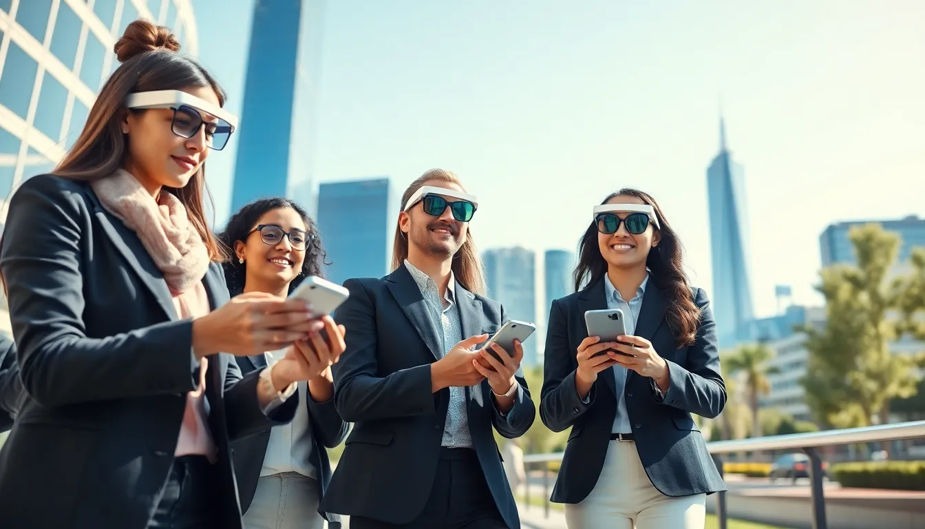 professionals demonstrating augmented reality in an urban setting.