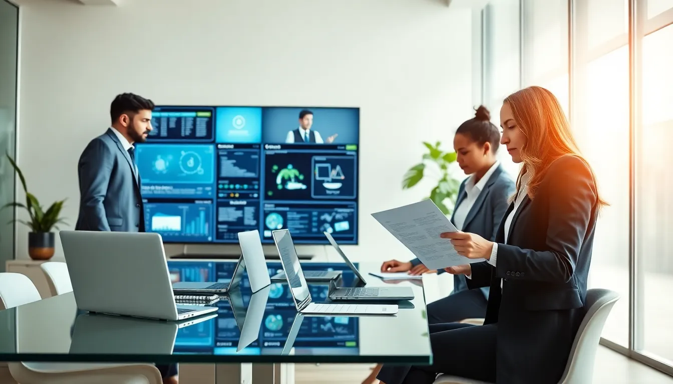 diverse team discussing legal tech solutions in a modern office.