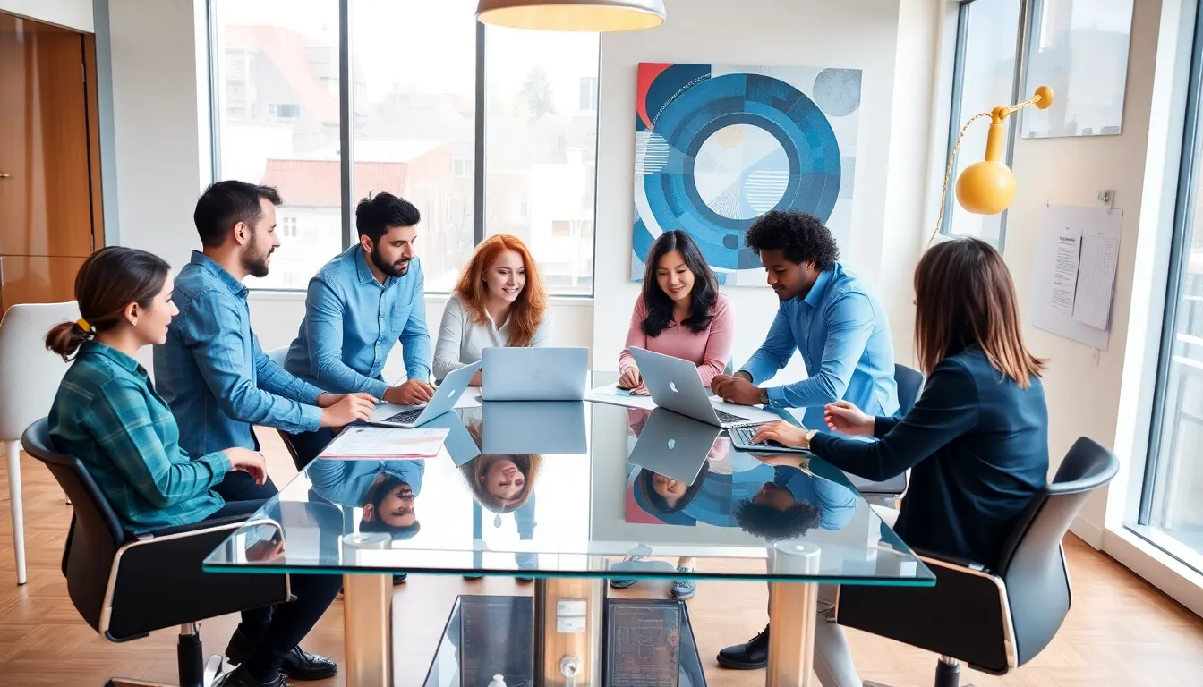 diverse team collaborating in a modern tech office.